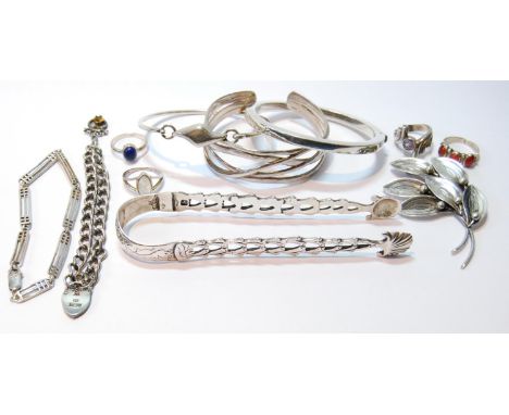 Georgian silver sugar tongs, c. 1770, a Danish silver brooch, 'A&amp;K', and various items of silver jewellery. 