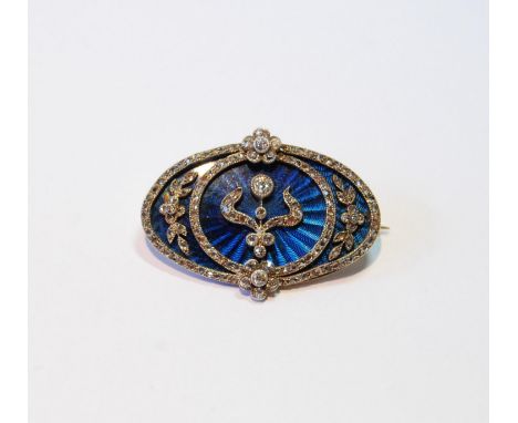 Victorian gold oval brooch with ovals, sprays and collets of rose and brilliant diamonds upon blue guilloché enamel, 30mm x 2