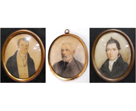 19th Century British SchoolPortrait miniature of a gentleman, framed in 9ct gold, 4.5cm diameter; also two other portrait min