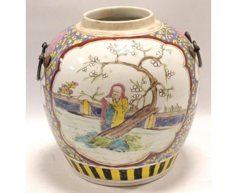 Chinese famille rose ginger jar of ovoid form with panels depicting figures in gardens and smaller panels of flowers on a flo