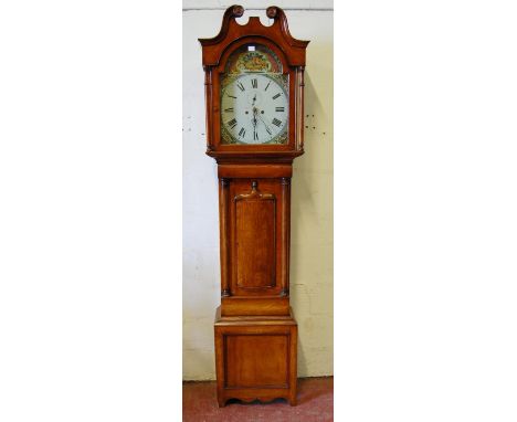 Victorian mahogany eight day longcase clock, the hood with scroll pediment above a painted dial with subsidiary dials, 221cm 