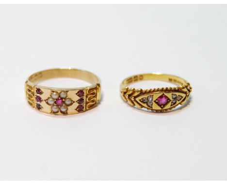 Pearl and ruby ring and a similar ring with diamonds, both 18ct, 1895 and 1904, 7.3g.CONDITION REPORT: These are sizes S and 