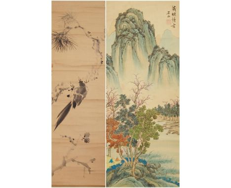 Late 19th/early 20th century Chinese watercolour scroll painting of a magpie or jay on a pine branch, signed with calligraphy