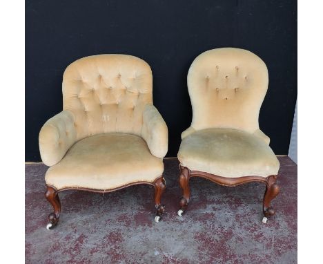 Pair of Victorian mahogany lady's and gent's button-back armchairs with serpentine fronts, upholstered in later yellow Dralon