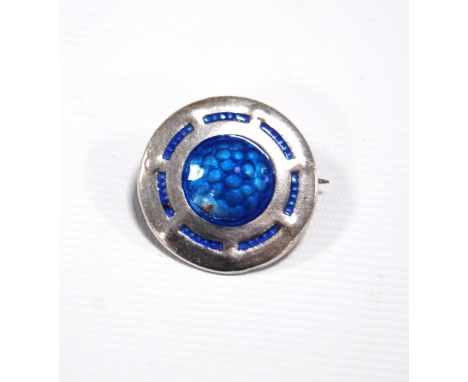 Edwardian enamelled silver target brooch, blue enamel roundel to the centre with pierced enamel surround, maker James Fenton,