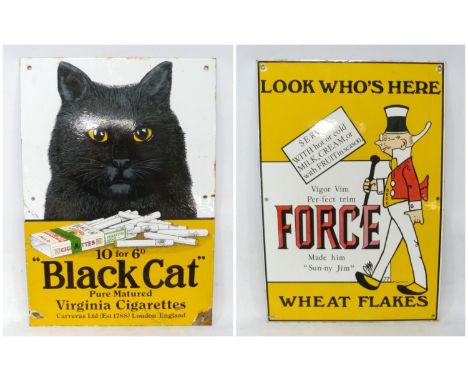 Black Cat Pure Matured Virginia Cigarettes enamel advertising sign, 51.5cm x 36cm; also a 'Look Who's Here' Force Wheat Flake