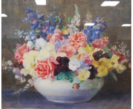 Jessie R Allan (Scottish, 1859 - 1947) Garden flowers Signed and dated 1928, oil on canvas, 41cm x 51cm, in a Rococo-style gi