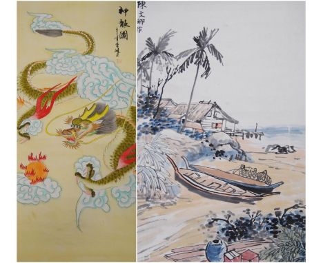 20th century Chinese scroll painting of a dragon chasing a flaming pearl, signed with calligraphy and red seal mark, 128cm x 