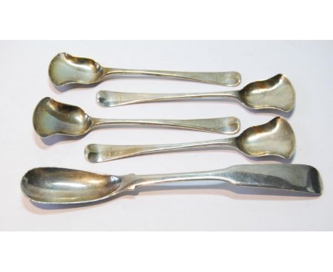 Cupar: silver egg or mustard spoon, fiddle pattern, by R Robertson, and four shovel salt spoons, maker's mark possibly RS, st