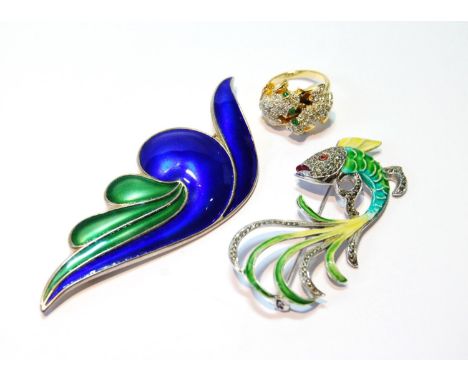 Norwegian silver spray brooch with blue and green enamel by David Andersen, another, modelled as a fish, and a ring.&nbsp; (3
