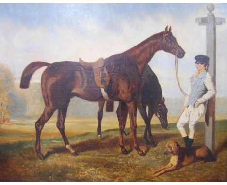 Circle of George Stubbs (1724-1806) Stable boy and dog with horses Signed indistinctly lower right, oleograph, 63cm x 80cm.