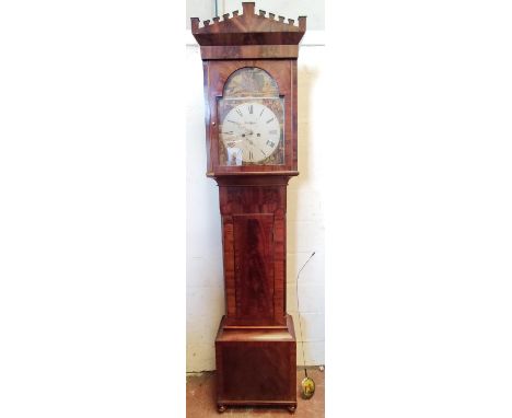 Victorian mahogany eight day longcase clock, the painted dial depicting Robert Burns and similar subjects, named to George Mo