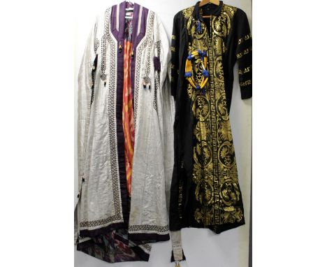 Academy Costumes of London cape or cloak with embroidered borders, applied tassels and fringing, in grey silk with piece ikat