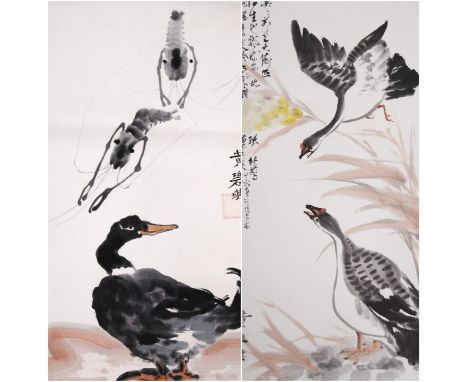 20th century Chinese scroll painting of two geese with calligraphic inscription, three-character signature and red seal mark,