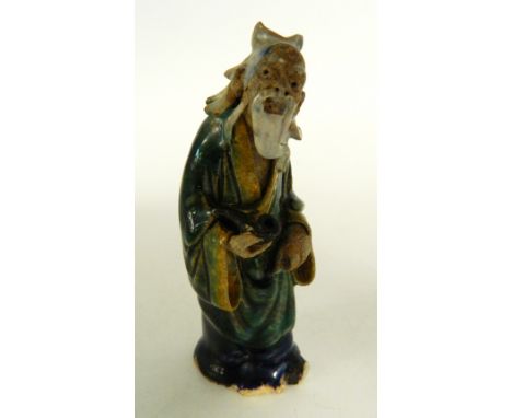 19th CENTURY FIGURE OF A JAPANESE GENTLEMAN AND A CONTINENTAL FIGURE OF A BIRD the Japanese figure in green robes carrying a 