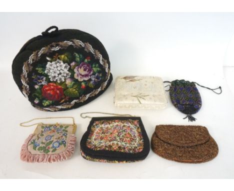 FOUR VINTAGE LADIES EVENING BAGS
with beadwork and embroidery, embroidered wedding pin cushion and a large embroidered tea co