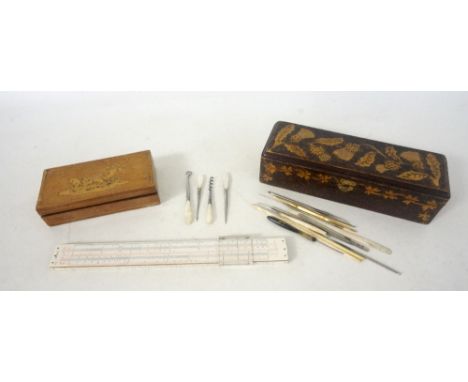 VICTORIAN POKERWORK BOX
containing various crochet hooks, period olive wood trinket box with Classical design to lid, mother 