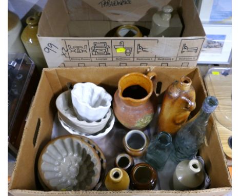 Two boxes of stoneware hot water bottles, utensil jars, flagons and antique jelly moulds