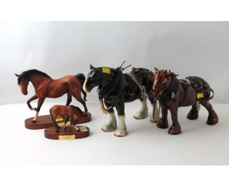 Beswick Spirit of Freedom horse, Royal Doulton foal Sunlight and two shire horses