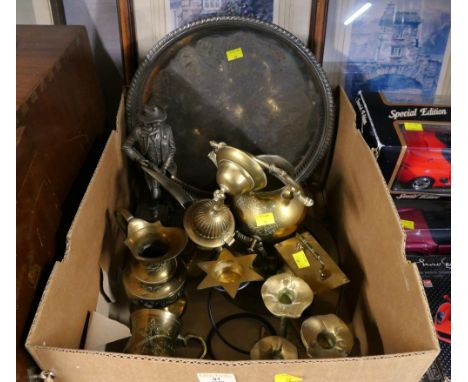 Box of brass and metalware - The Law Man figure by Jim Ponter etc