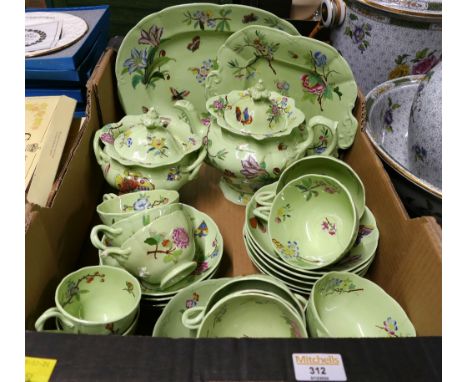 Victorian hand painted green tea set decorated with flowers and butterflies in the celadon/canton style 