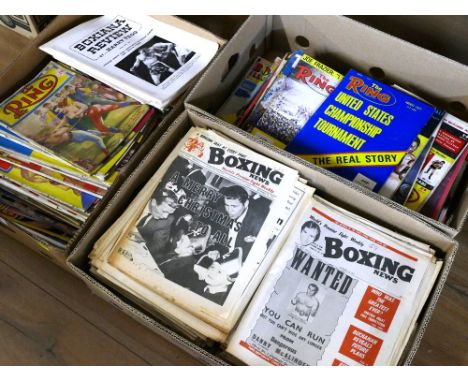 Three boxes of vintage boxing magazines and newspapers including The Ring and Boxing news 