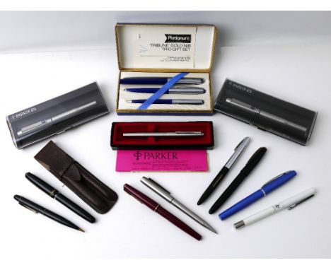 Collection of vintage pens including Platignum Tribune Trio, Parker 25 in boxes, platinum tribune trio gift set, Parker and o