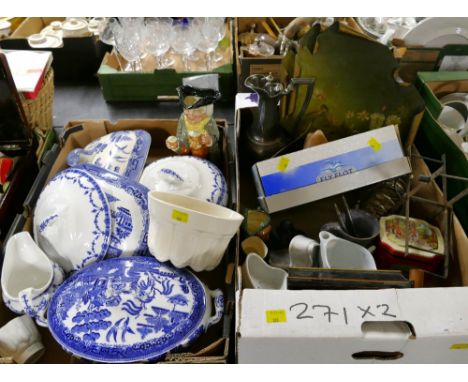 Two boxes of blue and white china, metalware, cash tin, wooden shoe lasts, jelly moulds 