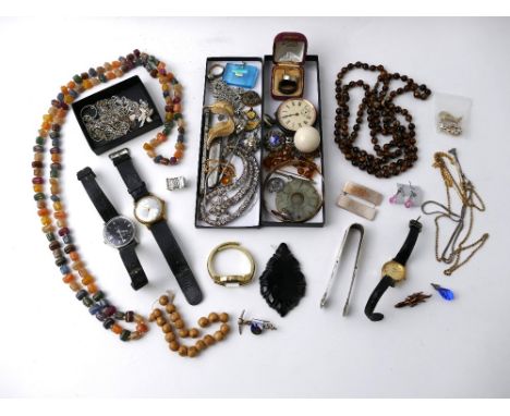 Box of costume jewellery including wrist watches, metal chains, pendants, rings, pocket watch etc  