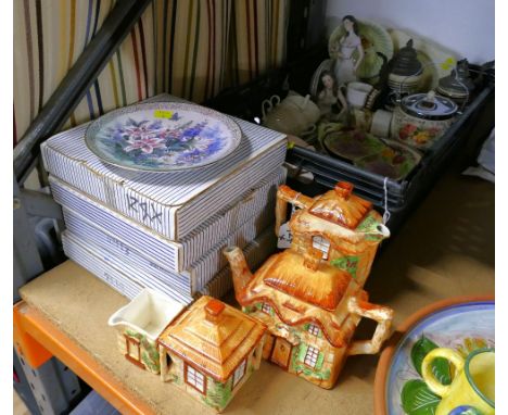 Box of collector plates, cottage ware 4 piece tea set and box of ceramics, ornaments, tankards etc