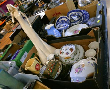 Box of fruit patterned cookware, Portmeirion ramekins, Crown Devon Mattita lidded dish and a large female formed ornament 