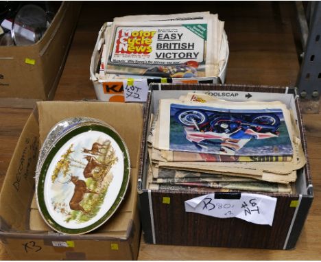 Three boxes of Motorcycle News magazines from 1980's and decorative plates