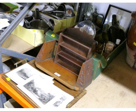 Box of brewery bottles, Keswick School of Industrial Art dishes, books, wooden tray, book trough, thimble stand and local int