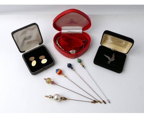 Pair of 9 ct gold cuff links, weight 4.1 grams, sterling silver seagull brooch, a Tudor ladies wristwatch and a quantity of h