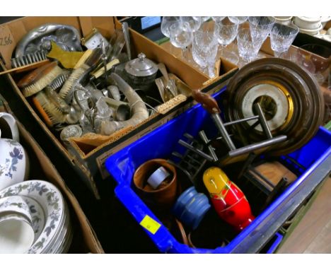 Two boxes of woodenware, plated ware, condiments sets, clothes brushes, barometer parts, dolls house furniture 