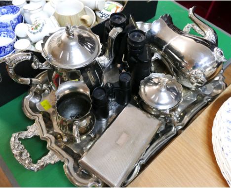 Tray of plated ware tea set, cigar box and two pairs of binoculars 