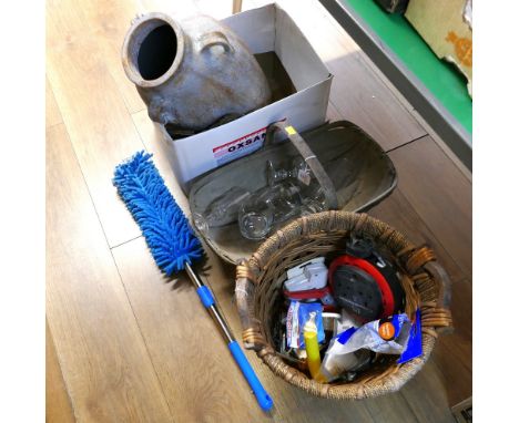 Three boxes of a resin urn, garden trug containing glassware, wicker bin containing tools  