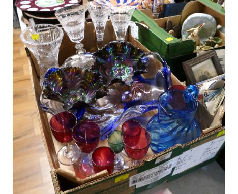 Box of coloured glassware - Carnival glass and Art Glass table centre bowl, cut glass vases etc