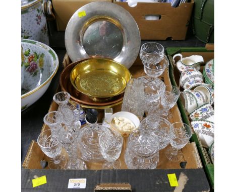 Box of glassware, metal and brass dishes and plates 