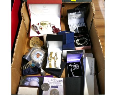 Box of costume jewellery - brooches, watches, 1977 crown coins etc