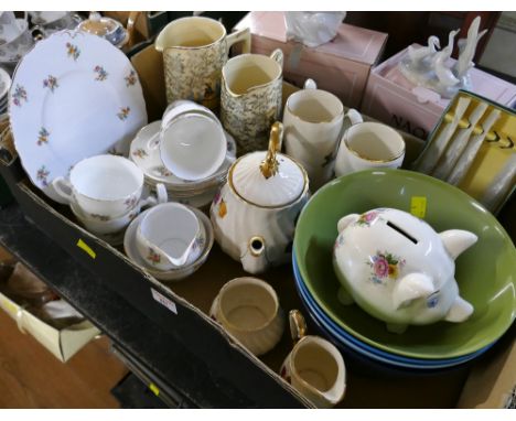 Box of Royal Adderley part tea set, plastic Gaydon bowls, pig money box etc