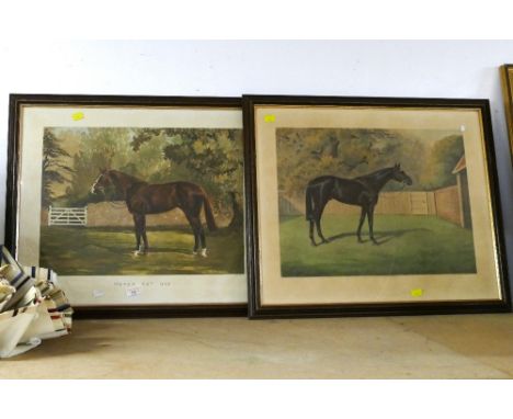 Pair of vintage horse racing prints, one titled Never Say Die 