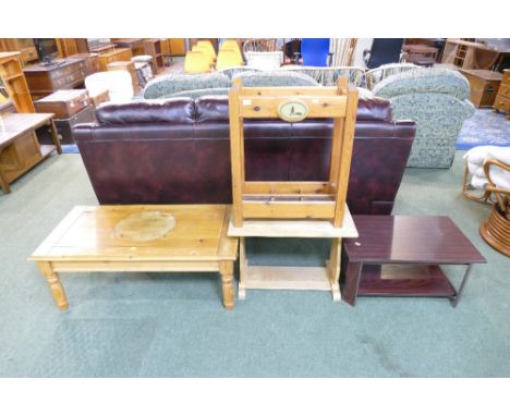 Wooden stick stand and three mismatched coffee tables 