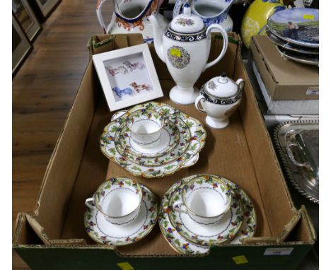 Vintage Aynsley part tea set, Wedgwood Runnymede coffee pot and sugar bowl and small picture of dachshunds