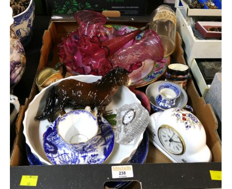 Box of cranberry glass epergne, vintage glass chemist jar, Beswick Shetland pony (A/F), ceramic plates and ornaments