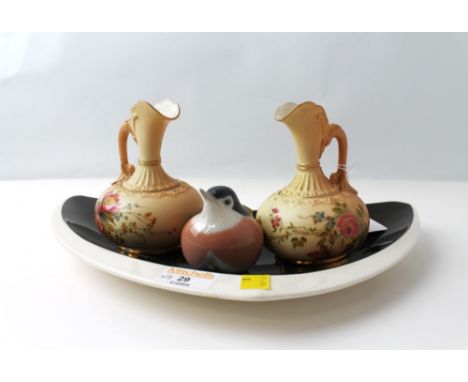 Pair of small Royal Worcester blush jugs, 12 cm high, Copenhagen robin and Carltonware dish