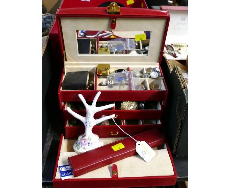 Jewellery box with ring stand, costume jewellery, brooches, watches, compact (Please note two watches in this lot have been w