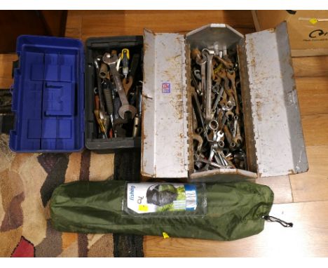 Two toolboxes with quantity of spanners and fishing shelter