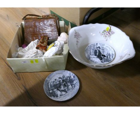 Ceramic wash basin and box of napkins, vintage doll, handbags etc