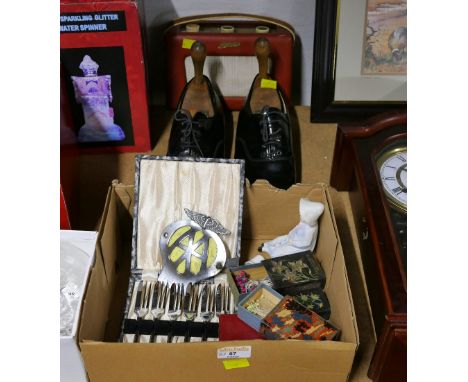 Box of antique match holders, AA car badge, fish forks, vintage gents shoes and shoe last and Roberts radio